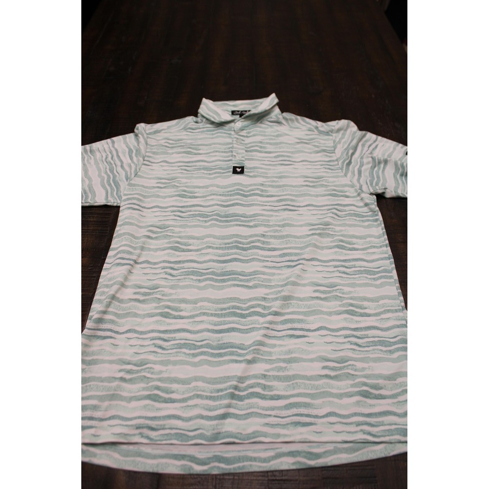 Bad Birdie Golf Polo Shirt Mens Medium Green Wave Stripe Performance Stretch - Picture 2 of 9